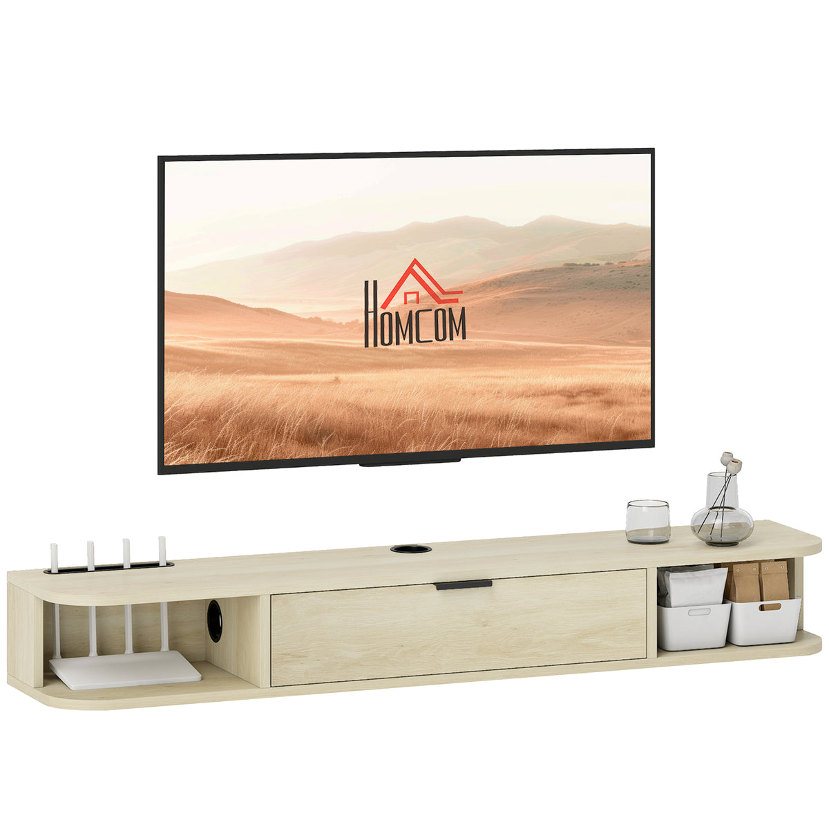 Móvel de TV Suspenso Móvel de TV para Sala com Gaveta Rebatível 2 Prateleiras Abertas Orifício para Cabos Estilo Moderno para Televisão 50 Polegadas 120x24x16 cm Madeira — foto 1
