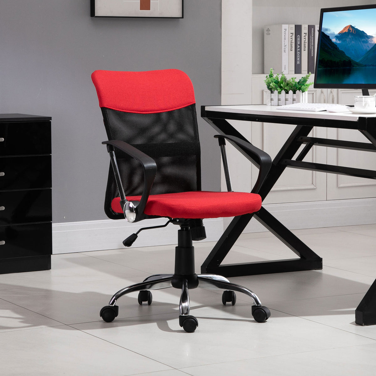 Cadeira ergonômica basculante e giratório para escritório com assento ajustável em altura, apoios de braço e rodas 57x57x93-103 cm Preto e vermelho — foto 2