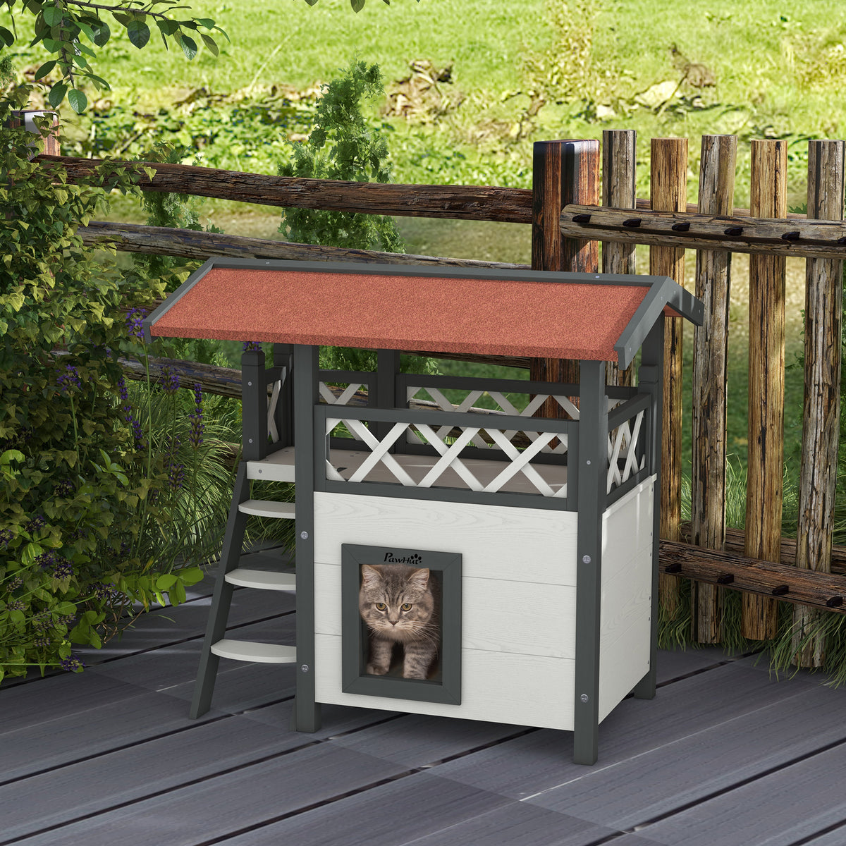 Casa para Gatos de Madeira 77x50x73cm Casa para Gatos com 2 Níveis com Teto Asfáltico Terraço Cercado Caverna e Escada para Interior e Exterior Branco — foto 2