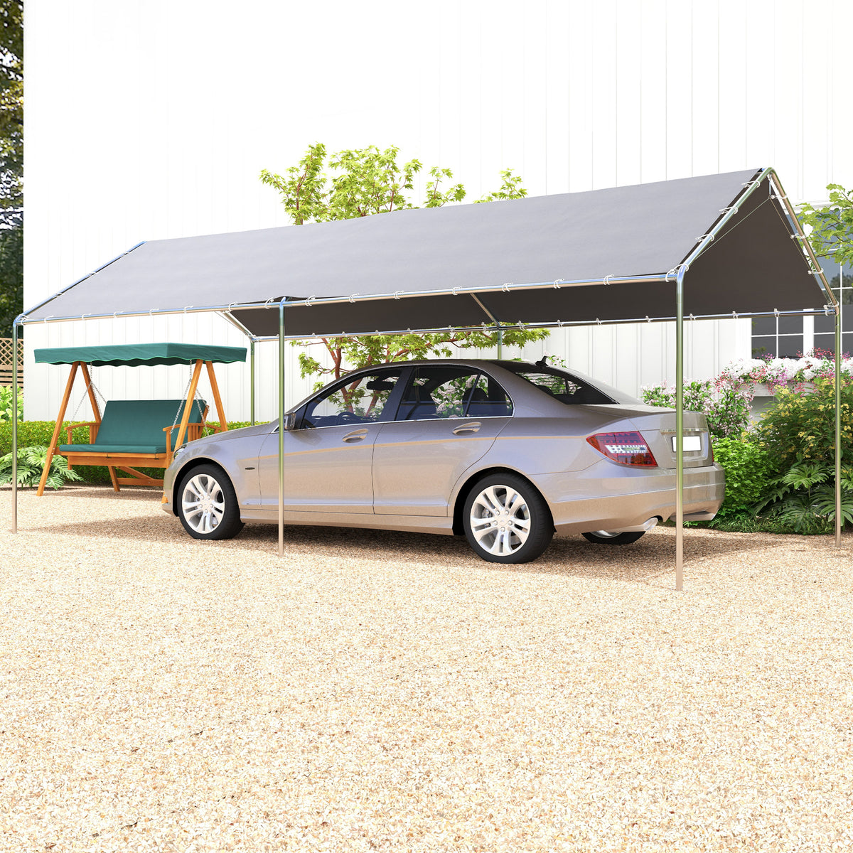 Tenda de Garagem 294x595x260 cm Tenda de Garagem para Carros Impermeável com Toldo de Tecido PE e Estrutura de Aço Galvanizado Tenda para Jardim Pátio Cinza — foto 2