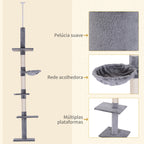 Árvore Arranhadora para Gatos Arranhador para Fixar ao Teto Altura Ajustável com Plataformas Poste de Sisal 40x34x230-260cm Cinza — foto 6