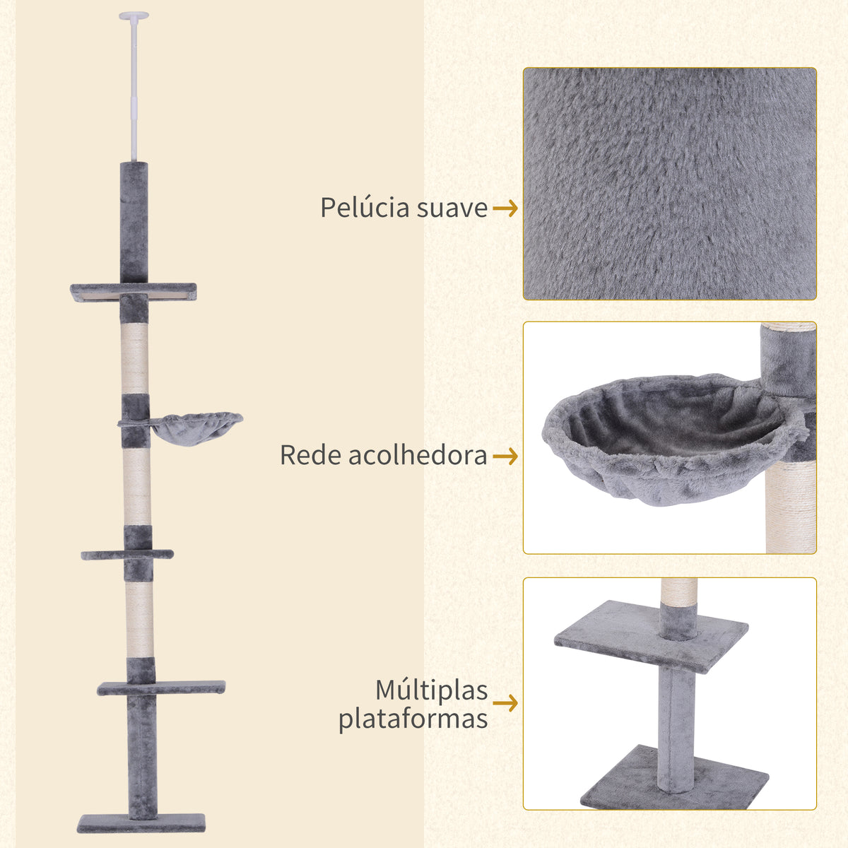 Árvore Arranhadora para Gatos Arranhador para Fixar ao Teto Altura Ajustável com Plataformas Poste de Sisal 40x34x230-260cm Cinza — foto 6