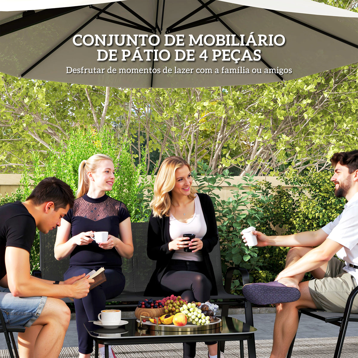 Conjunto de Jardim Exterior 4 Peças Móveis para Jardim com 2 Cadeiras Empilháveis 1 Sofá de 2 Lugares e Mesa de Centro com Bancada de Vidro Temperado Preto — foto 4