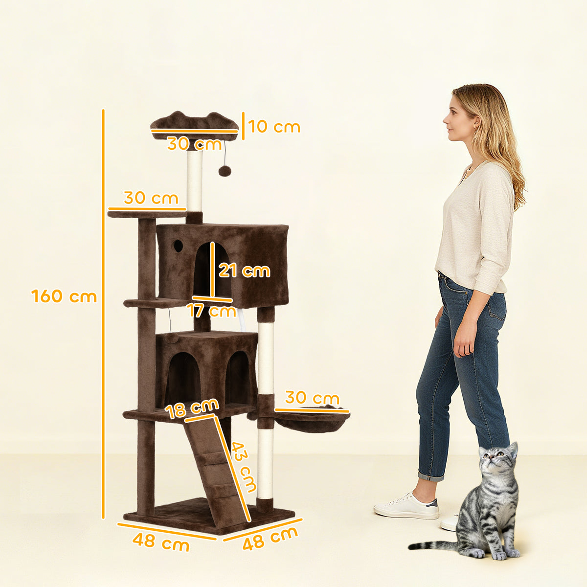 Arranhador para Gatos 160 cm Torre de Escalada com Múltiplas Plataformas Cama 2 Cavernas Rede Escada Postes de Sisal Bolas para Brincar Marrom — foto 3