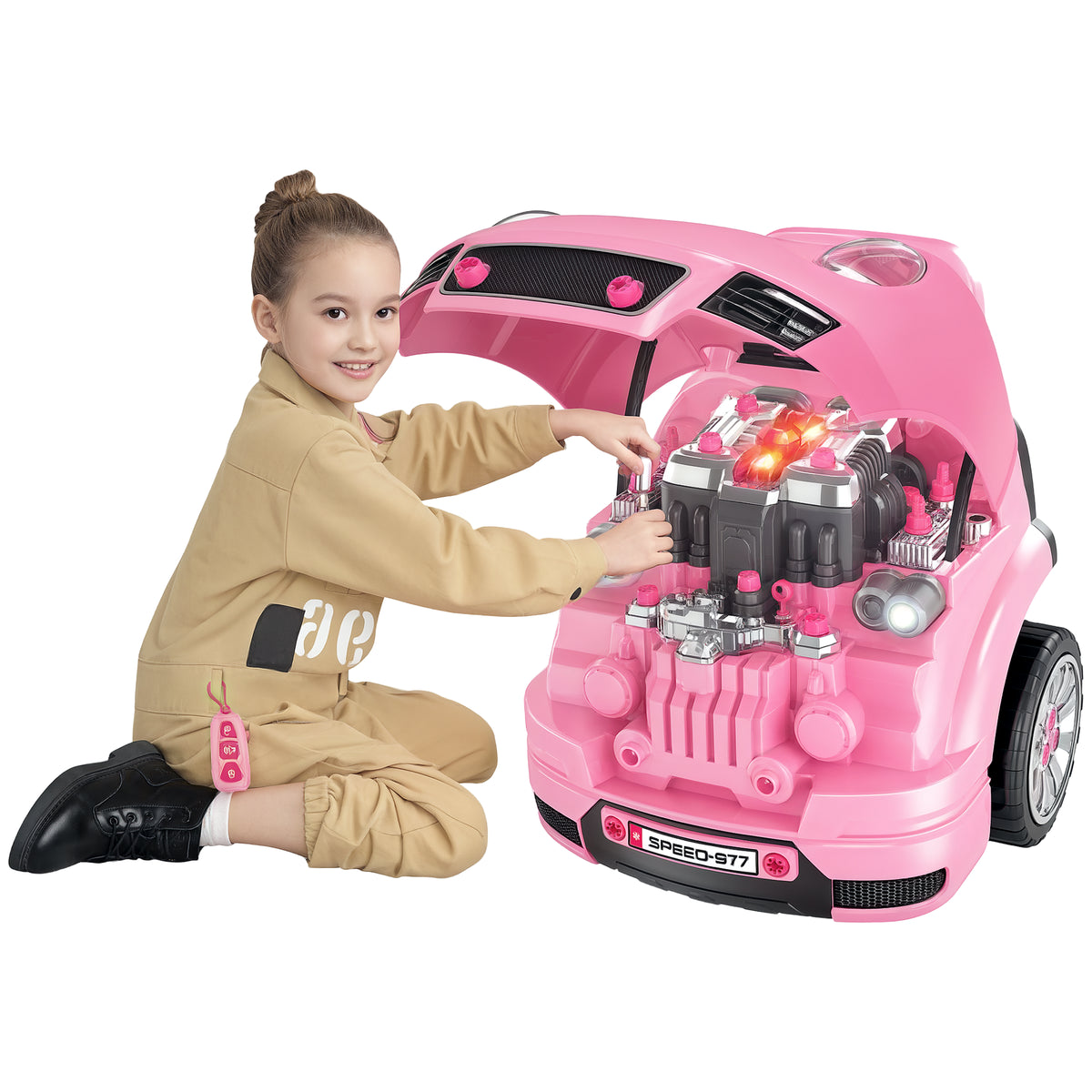Motor de Caminhão para Crianças acima de 3 Anos Conjunto de Motor de Brinquedo com 61 Peças Volante Buzina Faróis Caixa de Armazenamento e Rodas 40x39x47 cm Rosa — foto 1