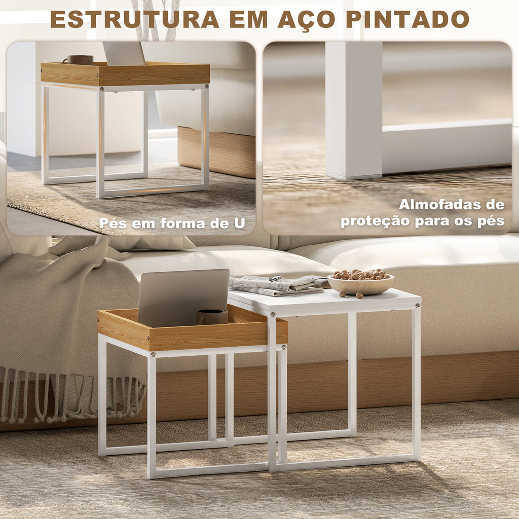 Mesas Auxiliares para Sala de Estar Conjunto de 2 Mesas com Estrutura de Aço Mesas de Centro Pequenas para Dormitório Branco e Carvalho — foto 5