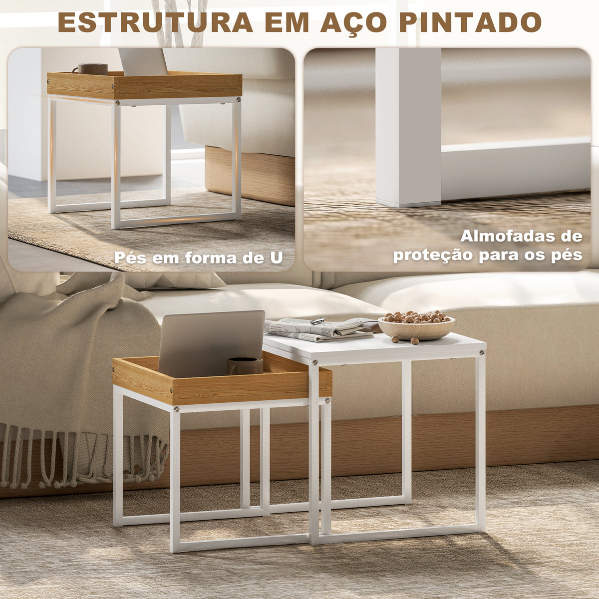 Mesas Auxiliares para Sala de Estar Conjunto de 2 Mesas com Estrutura de Aço Mesas de Centro Pequenas para Dormitório Branco e Carvalho — foto 5