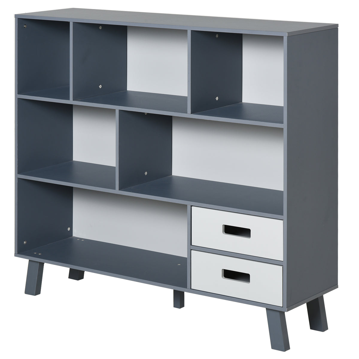 Estante com 6 Compartimentos e 2 Gavetas Gabinete Auxiliar com Pernas para Decorações de Livros Fotos 105x30x96 cm Azul e Cinza — foto 1