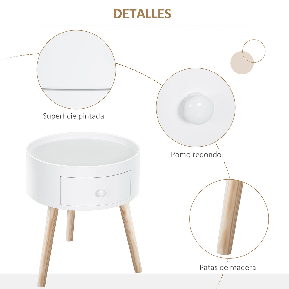 Mesa de Cabeceira com 1 Gaveta Mesa Auxiliar Redonda com Borda Elevada e 3 Pés de Madeira para Dormitório Sala de Estar Estilo Moderno Ø38x45 cm Branco — foto 5