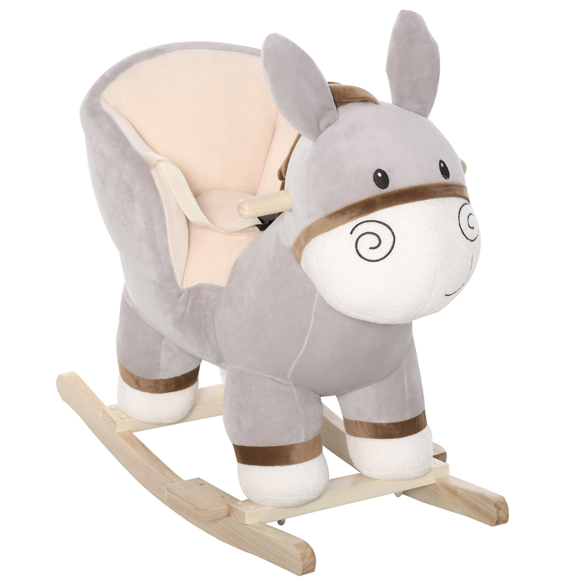 Baloiço Infantil em Forma de Burro de Pelúcia para Bebés 18-36 Meses com Som Cinto de Segurança Guidão Apoio para os Pés 61x34x58 cm Cinza — foto 1