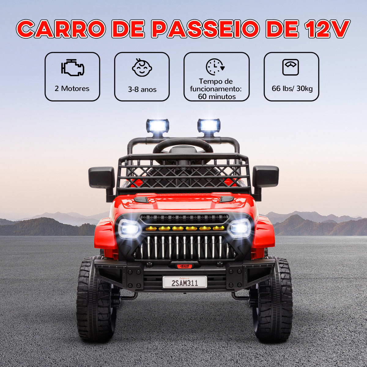 Carro Elétrico para Crianças acima de 3 Anos Carro Elétrico Infantil UTV Carro a Bateria 12V com Controlo Remoto Velocidade Ajustável USB Faróis e Buzina 95x62,5x65 cm Vermelho — foto 4