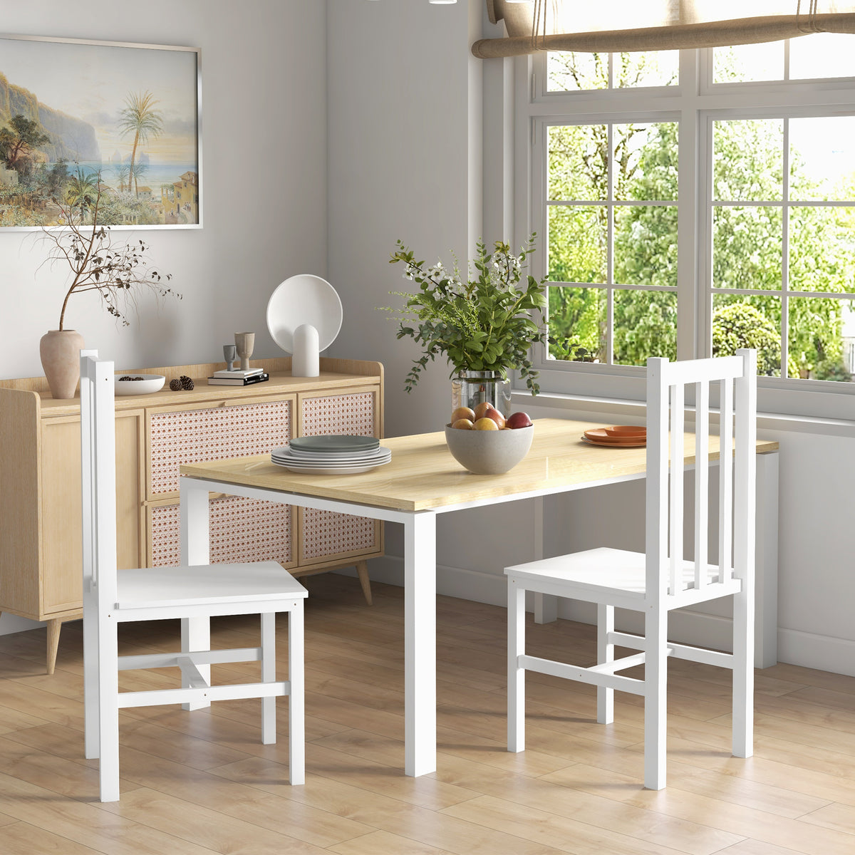 Conjunto de 2 Cadeiras de Sala de Jantar Cadeiras de Cozinha com Encosto de Ripas Estrutura de Madeira de Pinho para Sala de Estar Capacidade 120 kg 38,5x47,5x99 cm Branco - Modelo 2 — foto 2