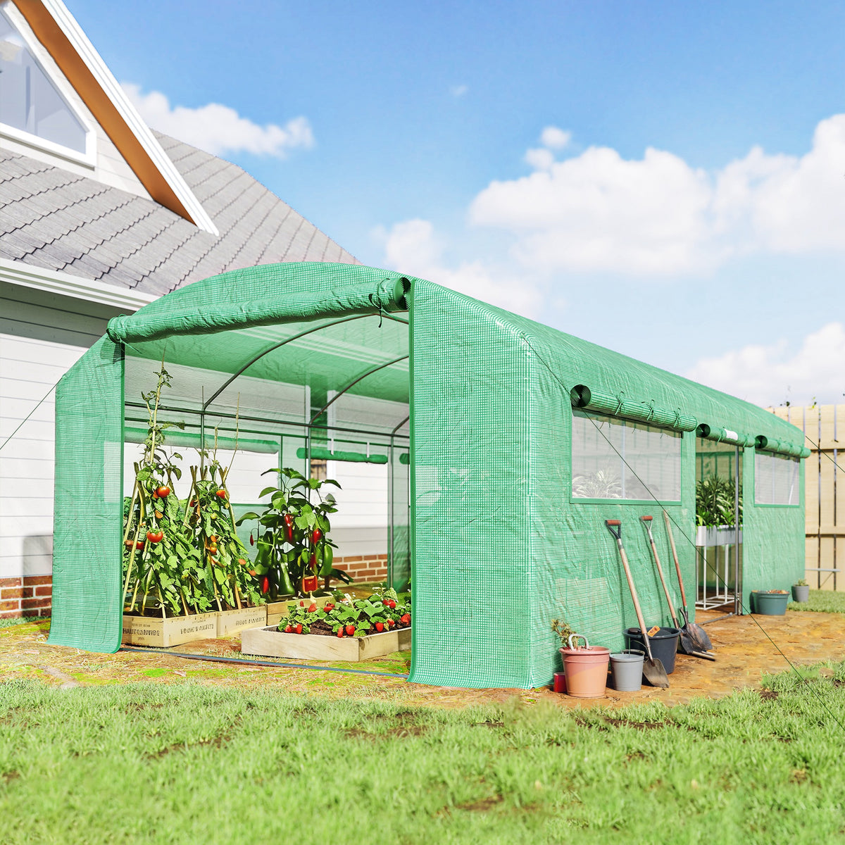 Estufa tipo Túnel 6x3x2 m Estufa de Exterior com 4 Janelas de Malha Cobertura de PE Anti UV e 3 Portas Enroláveis com Fecho de Correr Estufa para Jardim Pátio Verde — foto 2