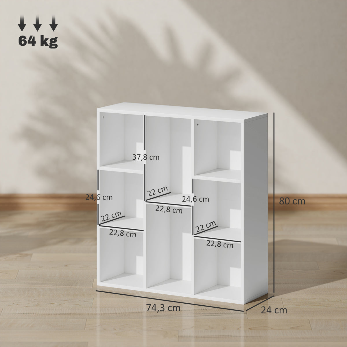 Estante de 3 Níveis Estante para Livros com 8 Compartimentos Desenho Vertical ou Horizontal para Sala de Estar Escritório Dormitório 74,3x24x80 cm Branco — foto 3