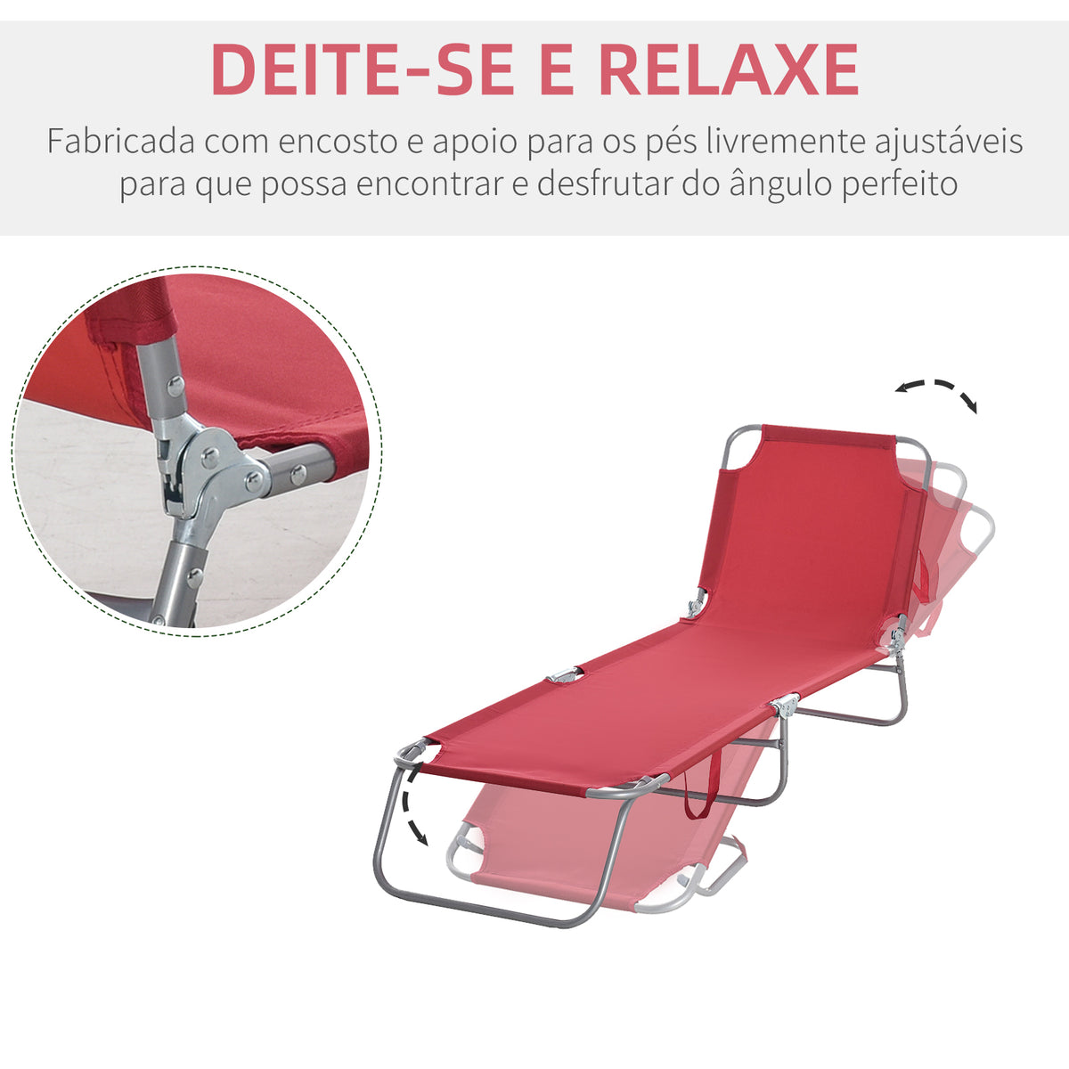 Espreguiçadeira Dobrável Espreguiçadeira de Jardim com Encosto Ajustável em 5 Posições Peso Máximo 120 kg para Terraço Piscina Praia 187x55x24 cm Vermelho — foto 4