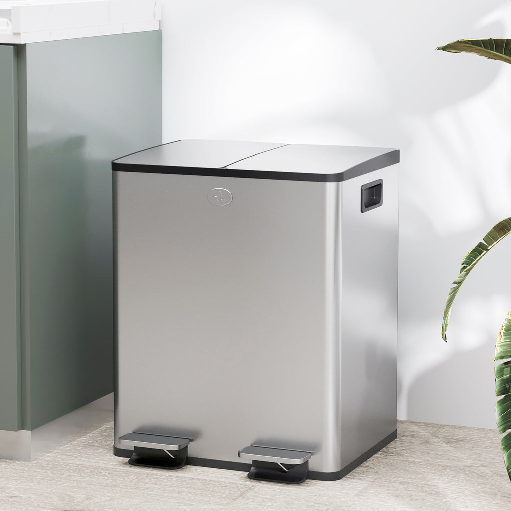 Balde de Lixo de Cozinha com 2 Compartimentos 2x20L Cubo de Lixo de Aço Inoxidável com Pedal Tampa de Fechamento Suave e Cubo Amovível para Escritório Cozinha Prata — foto 2