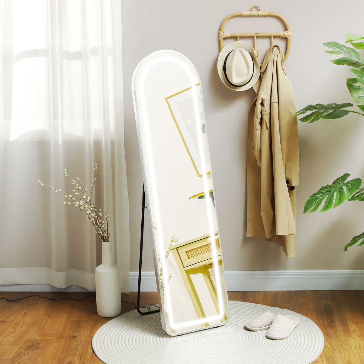 Espelho de Pé com Luzes LED 40x150 cm Espelho de Corpo Inteiro com Estrutura em Liga de Alumínio Iluminação em 3 Cores Função de Memória e Controlo Tátil Inteligente Prata — foto 2