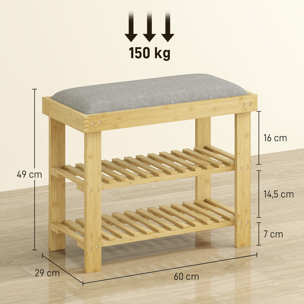 Banco Sapateira de Bambu Sapateira com Assento Almofadado 2 Prateleiras para 6 Pares de Sapatos para Entrada Dormitório 60x29x49 cm Madeira e Cinzento — foto 3