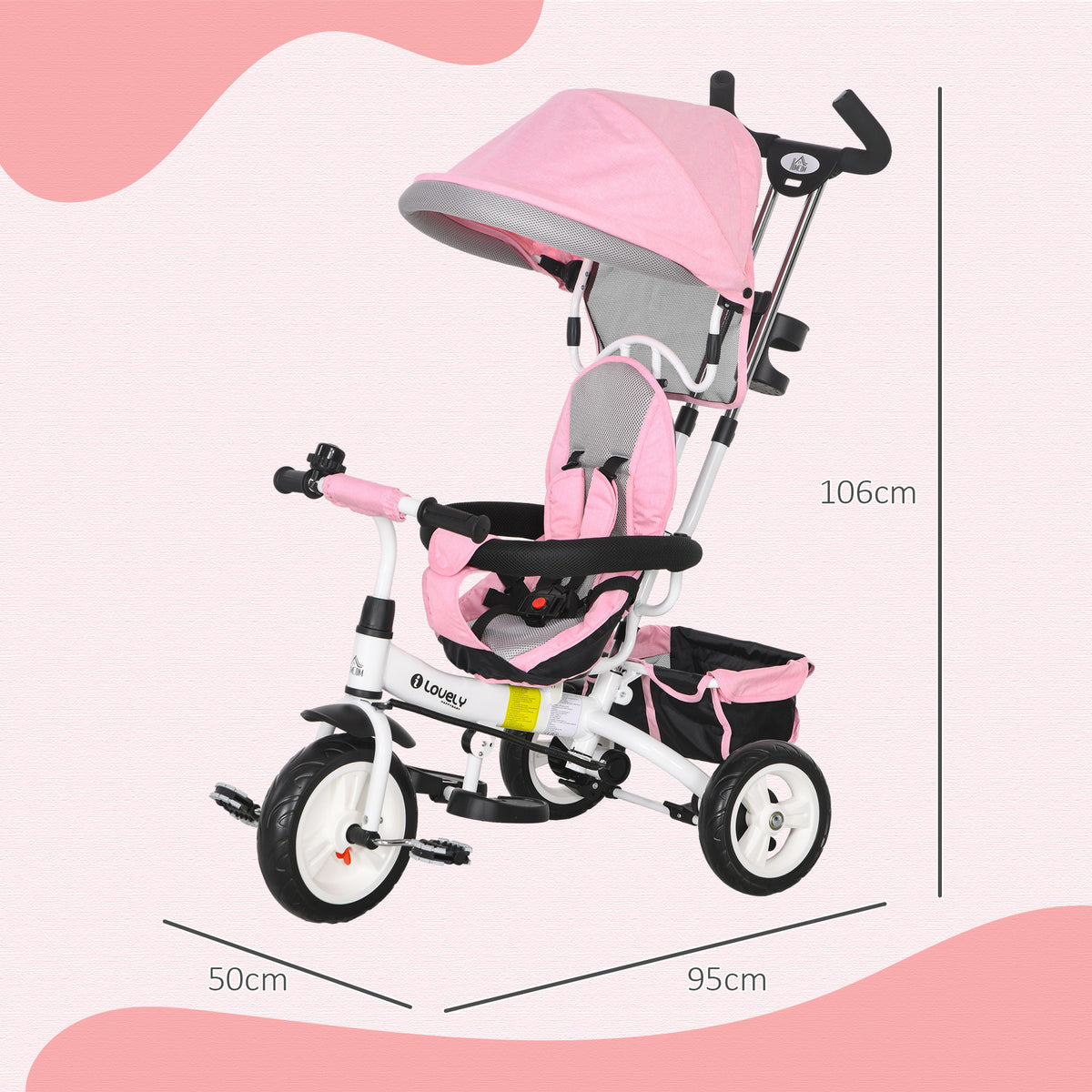 Triciclo para Bebés 2 em 1 Triciclo Evolutivo para Crianças de +12 Meses com Toldo Dobrável Guiador Telescópico e Removível Cinto de Segurança e Cesto 95x50x106 cm Rosa — foto 3