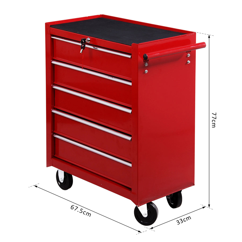 Carrinho de Ferramentas para Oficina com Rodas e 5 Gavetas Fechadura e Alça Lateral 67,5x33x77 cm Vermelho — foto 3