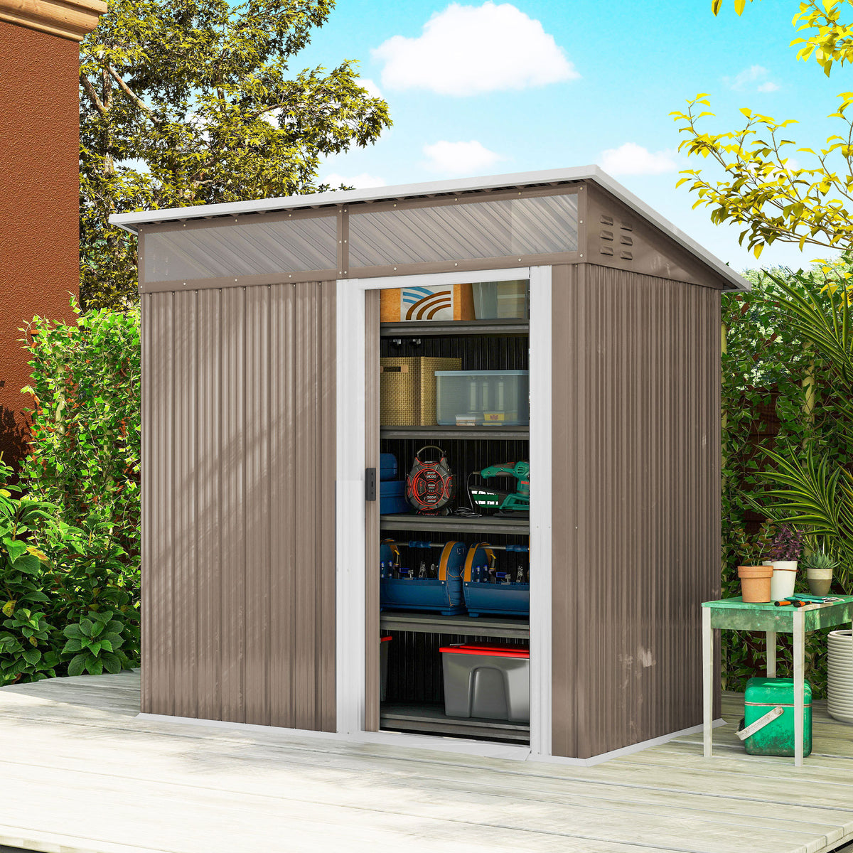 Abrigo de Jardim 1,9m² 195x122x182 cm Abrigo de Exterior com Base Reforçada (Chão NÃO Incluído) Porta Corredera Janelas Abrigo de Ferramentas para Pátio Marrom Claro — foto 2