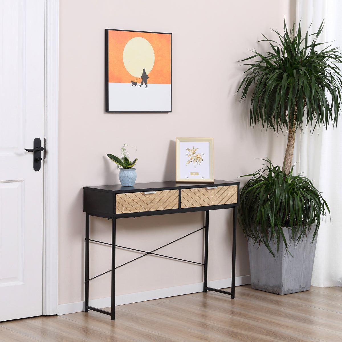 Mesa Consola 100x30x75cm Mesa de Entrada Moderno com 2 Gavetas de Armazenamento e Estrutura de Metal para Corredor Sala de Estar Preto e Madeira — foto 2