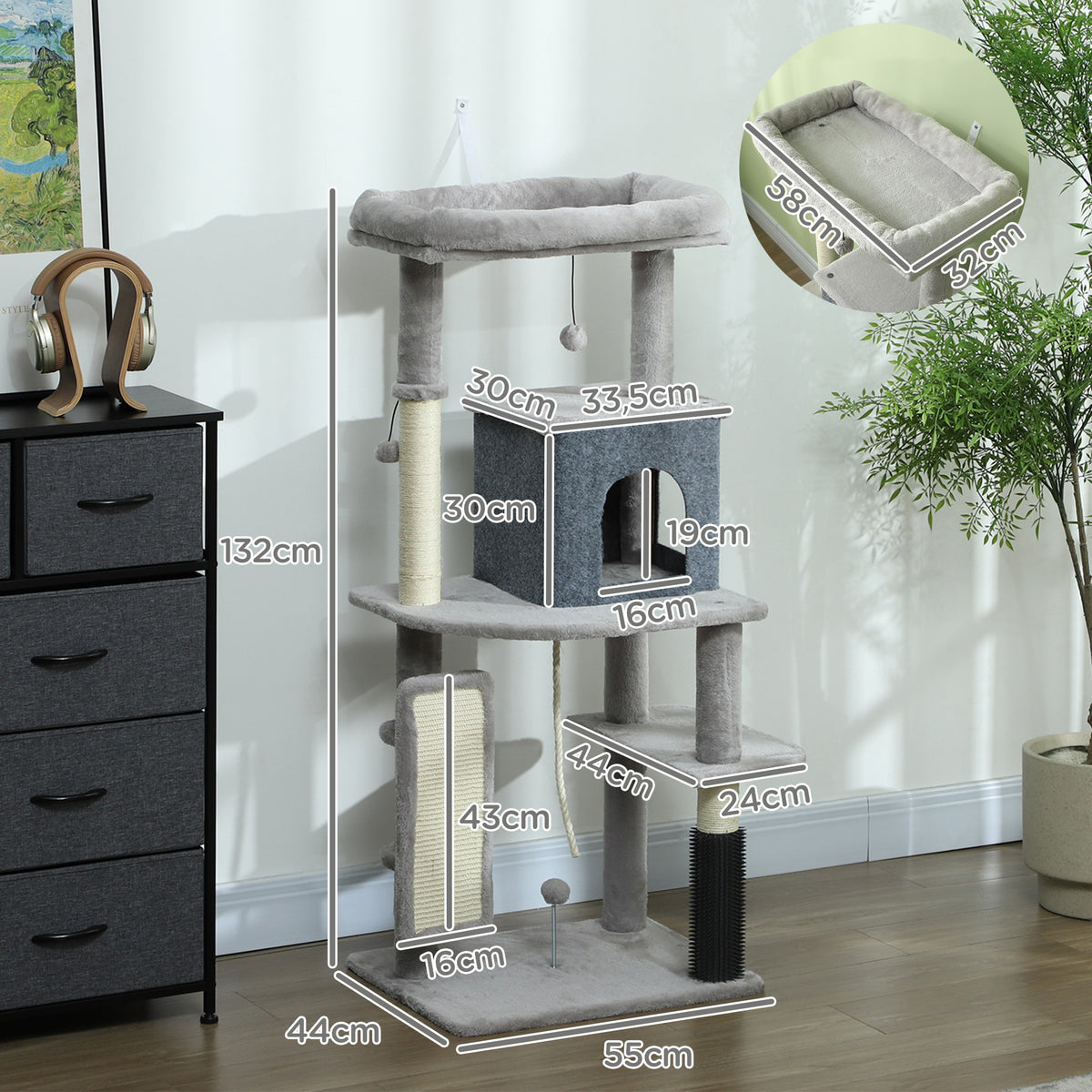 Arranhador para Gatos Grande Altura 132 cm Arranhador para Gatos com Plataformas Postes com Escova Bolas Suspensas e Almofadas para Arranhar Cinza — foto 3
