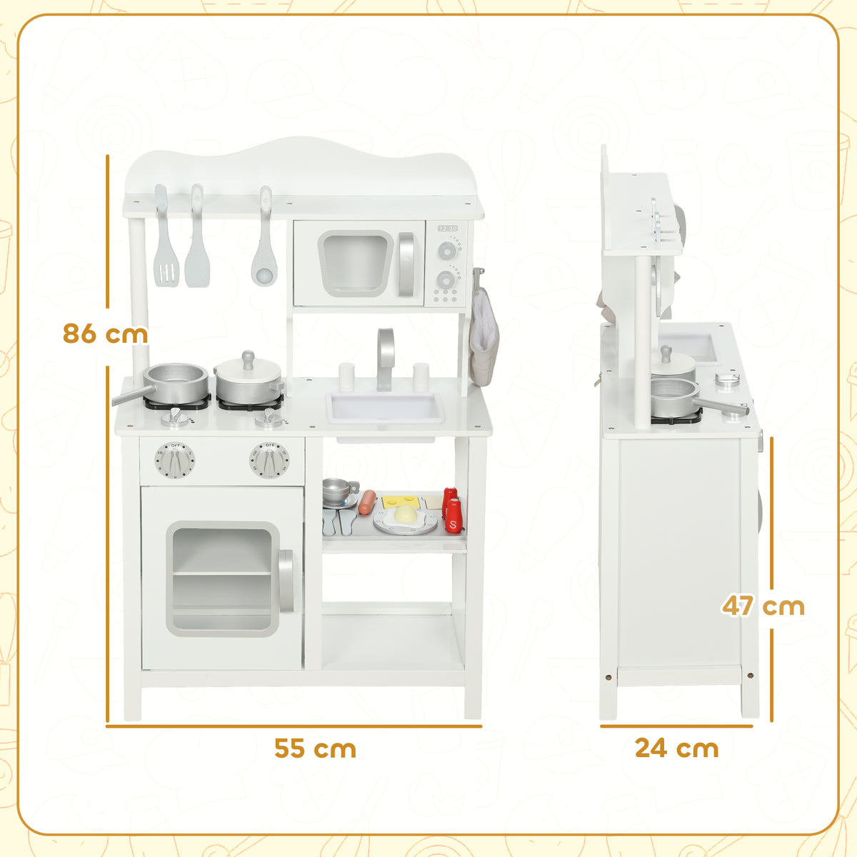 Cozinha de Brincar em Madeira com Som Cozinha Infantil com Acessórios Lava-Loiças Micro-Ondas e Fogão Brinquedos para Crianças a Partir de 3 Anos 55x24x86 cm Branco — foto 3