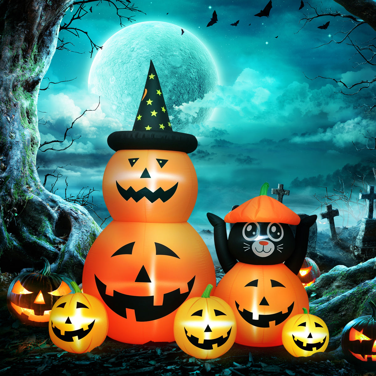 Abóbora Insuflável de Halloween com Gato de 180 cm Decoração de Halloween com Luzes LED IP44 e Inflador para Jardim Festas Exterior 160x100x180 cm Laranja — foto 2