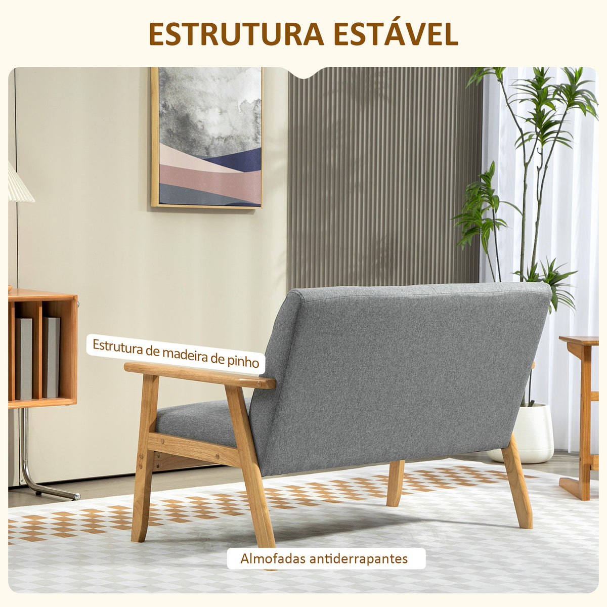 Sofá 2 Lugares Sofá Estofado em Linho com Apoio para os Braços de Madeira Encosto Acolchoado Carga 250 kg Poltrona para Sala de Estar Dormitório 114x75x76 cm Cinza Claro — foto 5