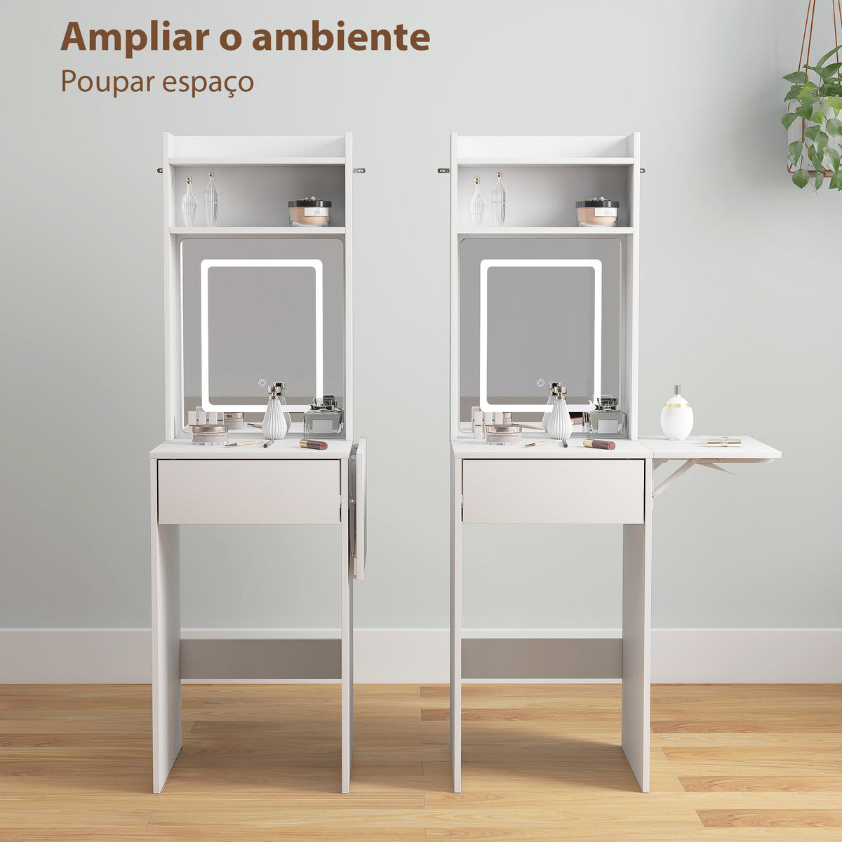 Tocador de Maquilhagem com Luzes LED de Cor Ajustável e Espelho Tocador com Lateral Rebatível Gaveta Compartimentos Abertos para Espaços Pequenos 45x45x152 cm Branco — foto 5