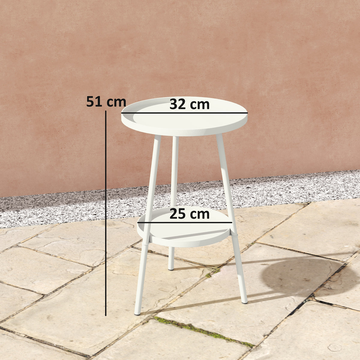 Mesa de Jardim Redonda de 2 Níveis Mesa de Exterior Ø32x51 cm com Bandeja Inferior e Estrutura de Metal Mesa para Exterior e Interior Branco — foto 3