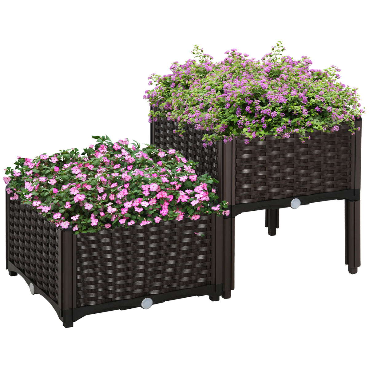 Conjunto de 2 Floreiras Quadradas Floreiras para Flores e Vegetais com Orifícios de Drenagem e Pés Altos 40x40x26-44cm Marrom — foto 1