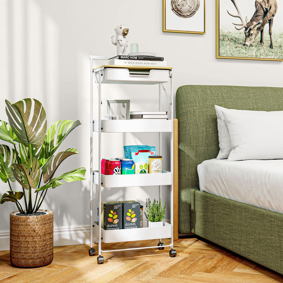 Carrinho Auxiliar com Rodas de 4 Níveis Carrinho de Cozinha com 1 Gaveta e 3 Cestos Carrinho Organizador para Dormitorio Sala Escritório 45x29,5x117,5 cm Branco — foto 2