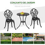 Conjunto de Mesa e Cadeiras de Exterior de 3 Peças Móveis de Jardim de Alumínio com Encosto com Padrão de Tulipa e Mesa com Orifício para Chapéu de Sol Preto — foto 7