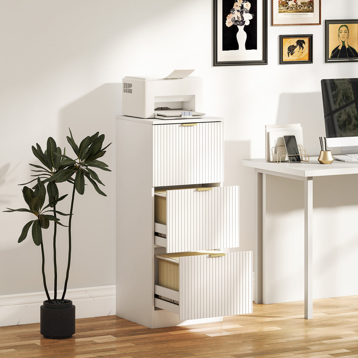 Bloco de Gavetas de Escritório com 3 Gavetas Bloco de Gavetas para Secretária com Frentes Caneladas Móvel para Arquivo para Tamanho A4 ou Carta para Escritório 40x40x101 cm Branco — foto 2