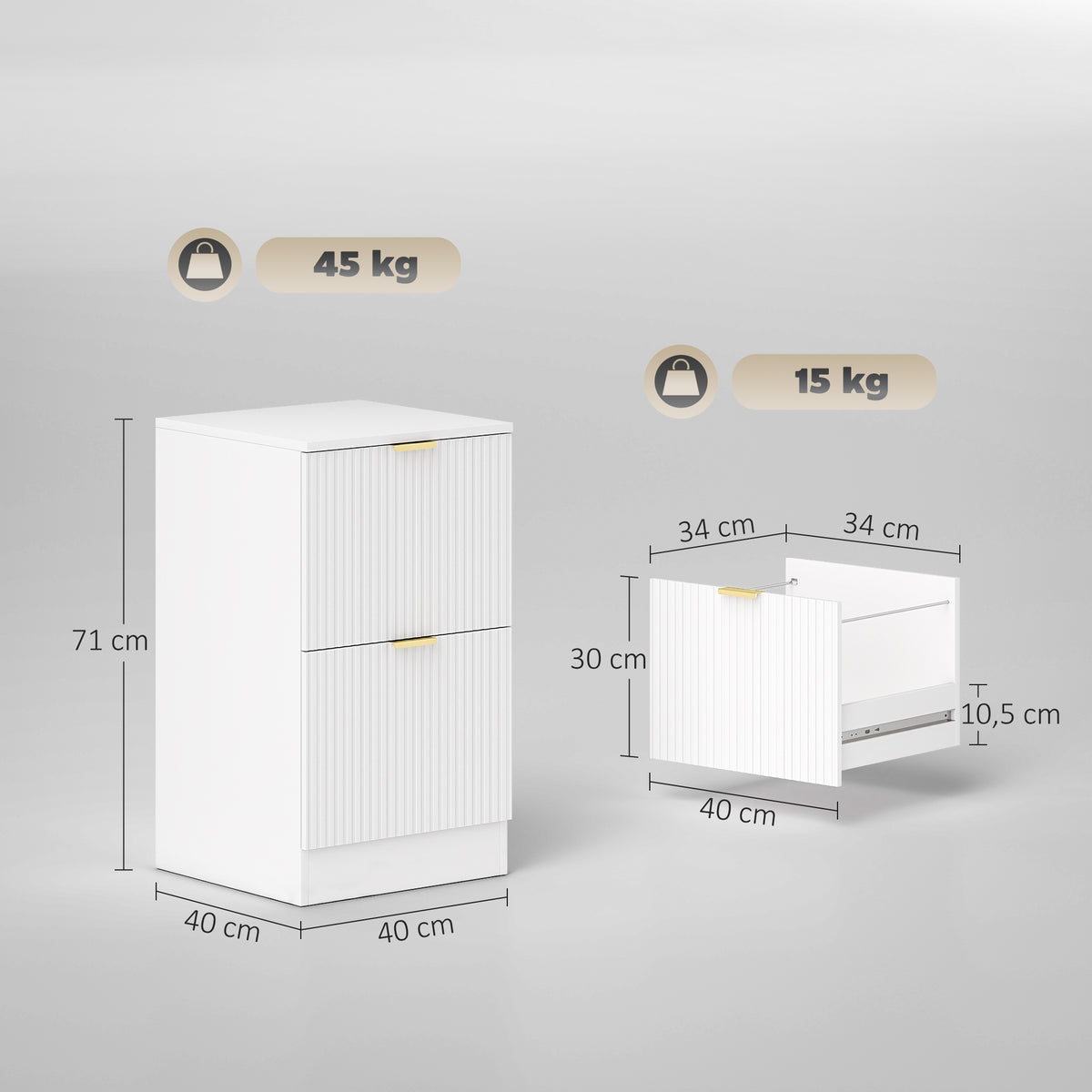 Bloco de Gavetas de Escritório com 2 Gavetas Bloco de Gavetas para Secretária com Frentes Caneladas Móvel para Arquivo para Tamanho A4 ou Carta para Escritório 40x40x71 cm Branco — foto 3