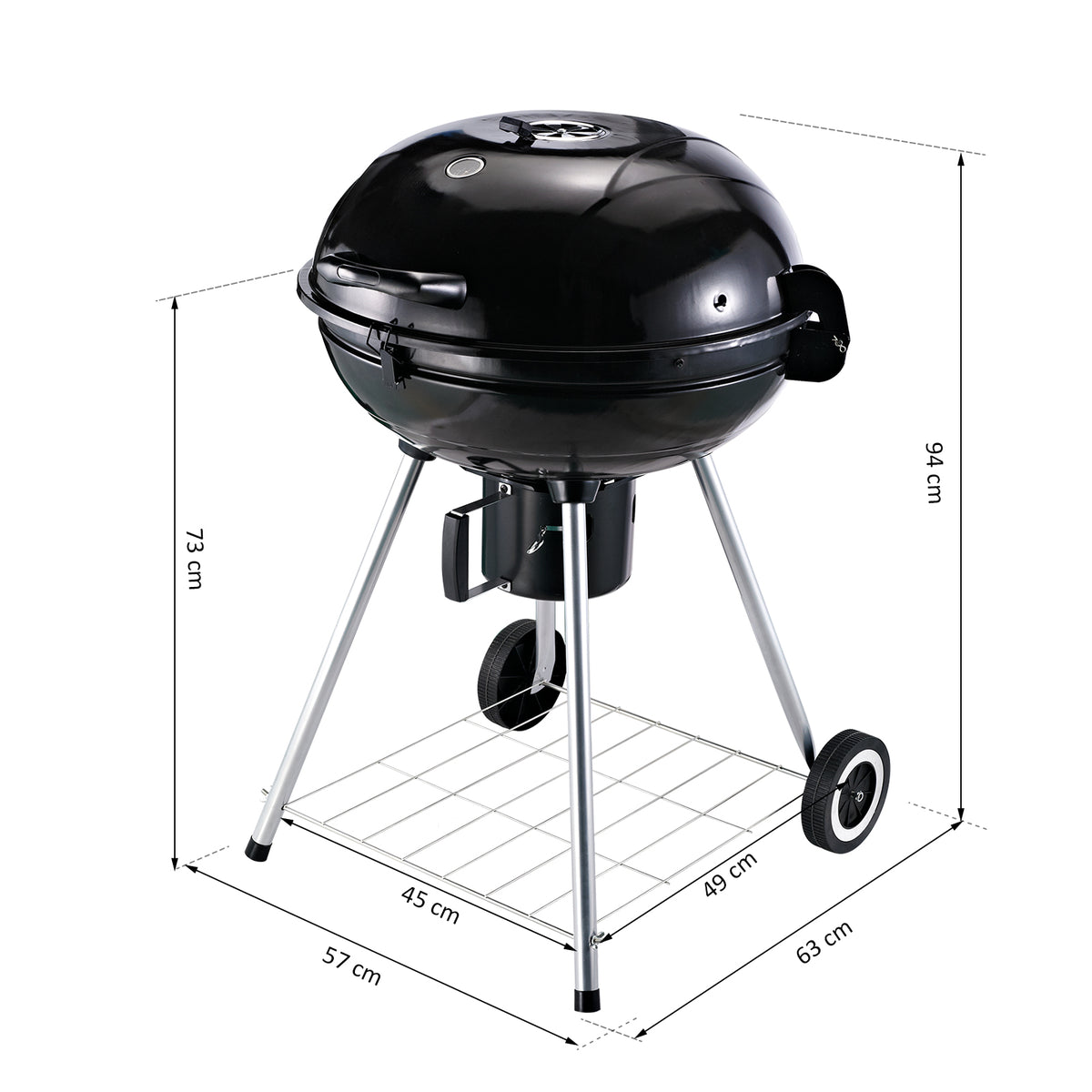 Barbecue a Carvão com Termômetro Barbecue a Carvão com Prateleira e Rodas para Jardim Exterior Campismo 57x63x94 cm Preto e Prata — foto 3
