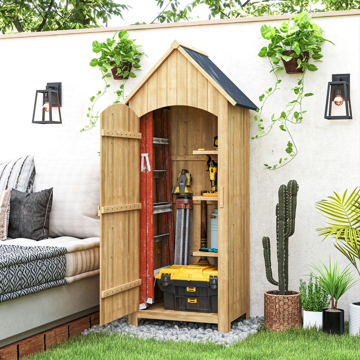 Armário Jardim de Madeira 77,5x54,2x179,5 cm 0,3 m² Abrigo de Exterior Armário para Arrumação de Ferramentas com 3 Prateleiras e 2 Portas com Fecho para Pátio Terraço Madeira — foto 2