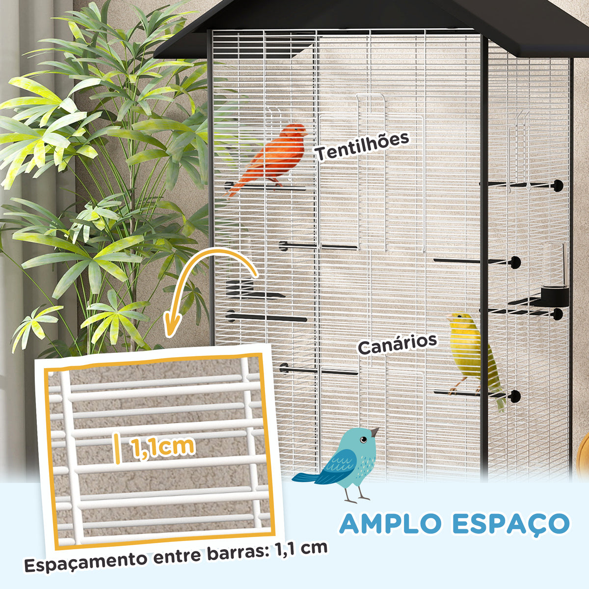 Gaiola para Pássaros com Rodas, 79x65x155 cm, Gaiola Grande com 2 Comedouros, 8 Poleiros, 4 Portas e Bandeja Removível, Design do Teto, Viveiro para Tentilhões e Canários, Preto — foto 4