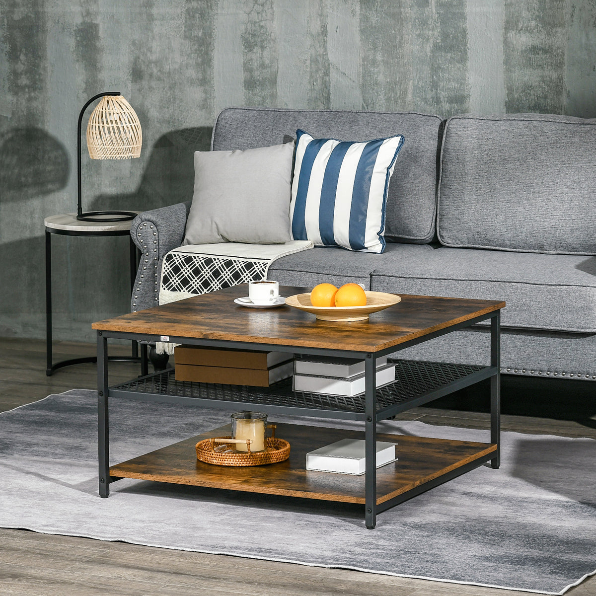 Mesa de Centro Mesa Auxiliar com 2 Prateleiras de Armazenamento Estrutura de Metal para Sala de Estar Sala de Jantar Carga Máxima 30kg 80x80x45cm Marrom Rústico — foto 2