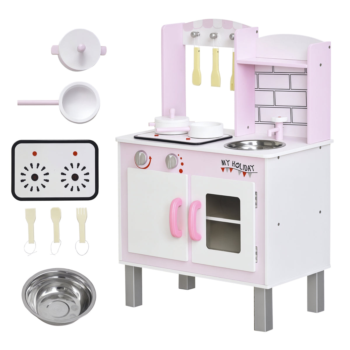 Cozinha de Madeira para Crianças acima de 3 Anos 55x30x80 cm Cozinha Infantil com Função de Som Armário Ganchos e 5 Acessórios Cozinha Infantil Educativa Rosa — foto 1