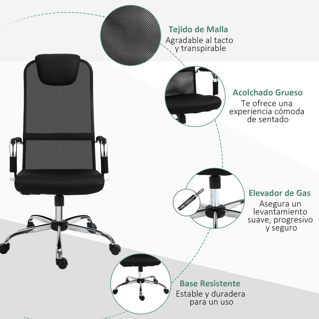 Cadeira de escritório ergonômica basculante e giratória com altura de assento ajustável com encosto de cabeça e malha de encosto alto 65,5x62,5x117-127 cm Preto — foto 7