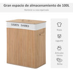 Cesto para Roupa Suja de Bambú Capacidade de 100L Cesta para Roupa Suja Retangular com Tampa Removível Bolsa com 2 Compartimentos 52x32x63cm Bambú — foto 4