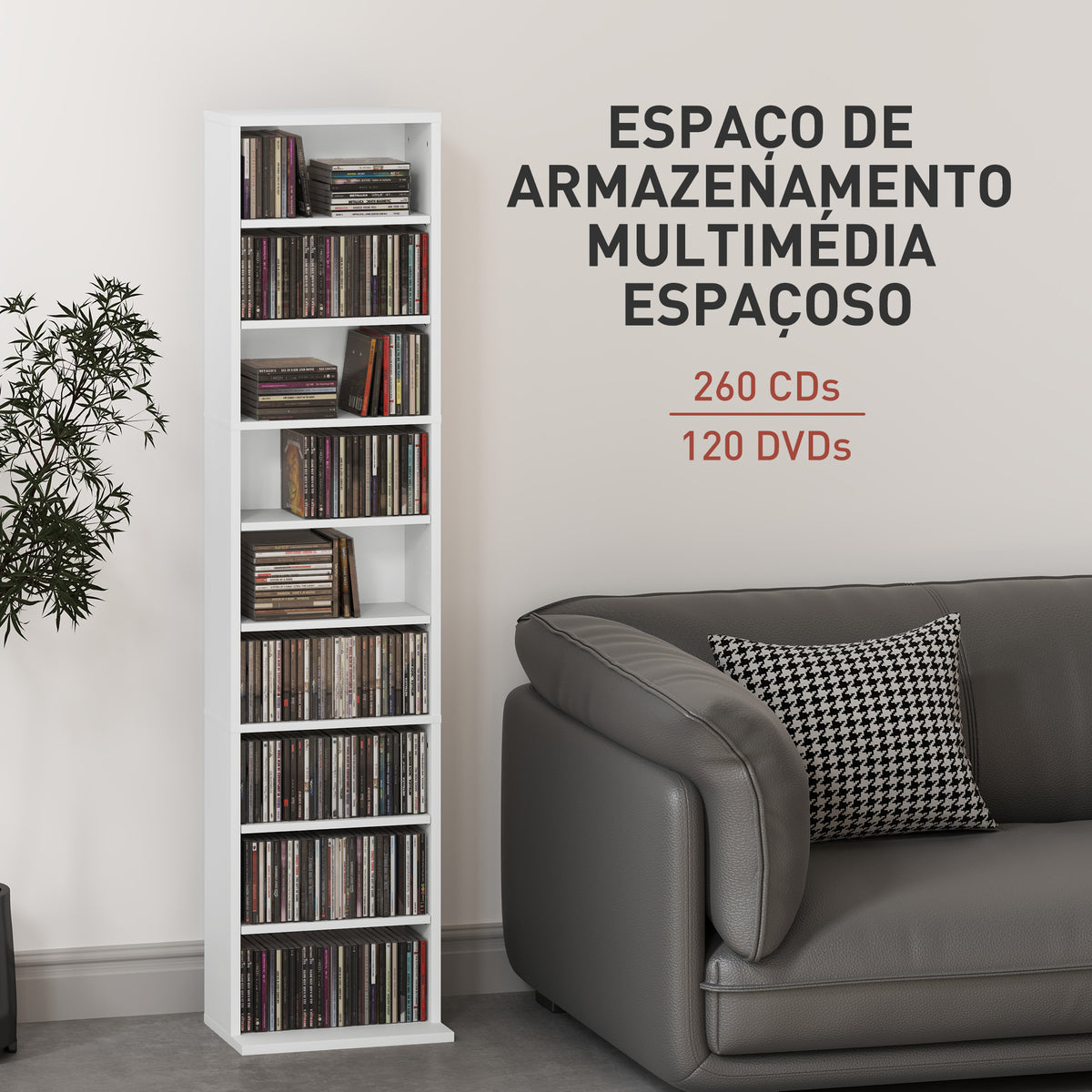 Estante para CDs e DVDs Suportes para CD Estreitos com 9 Compartimentos Prateleiras Ajustáveis para Sala Escritório 33x24x140 cm Branco — foto 4