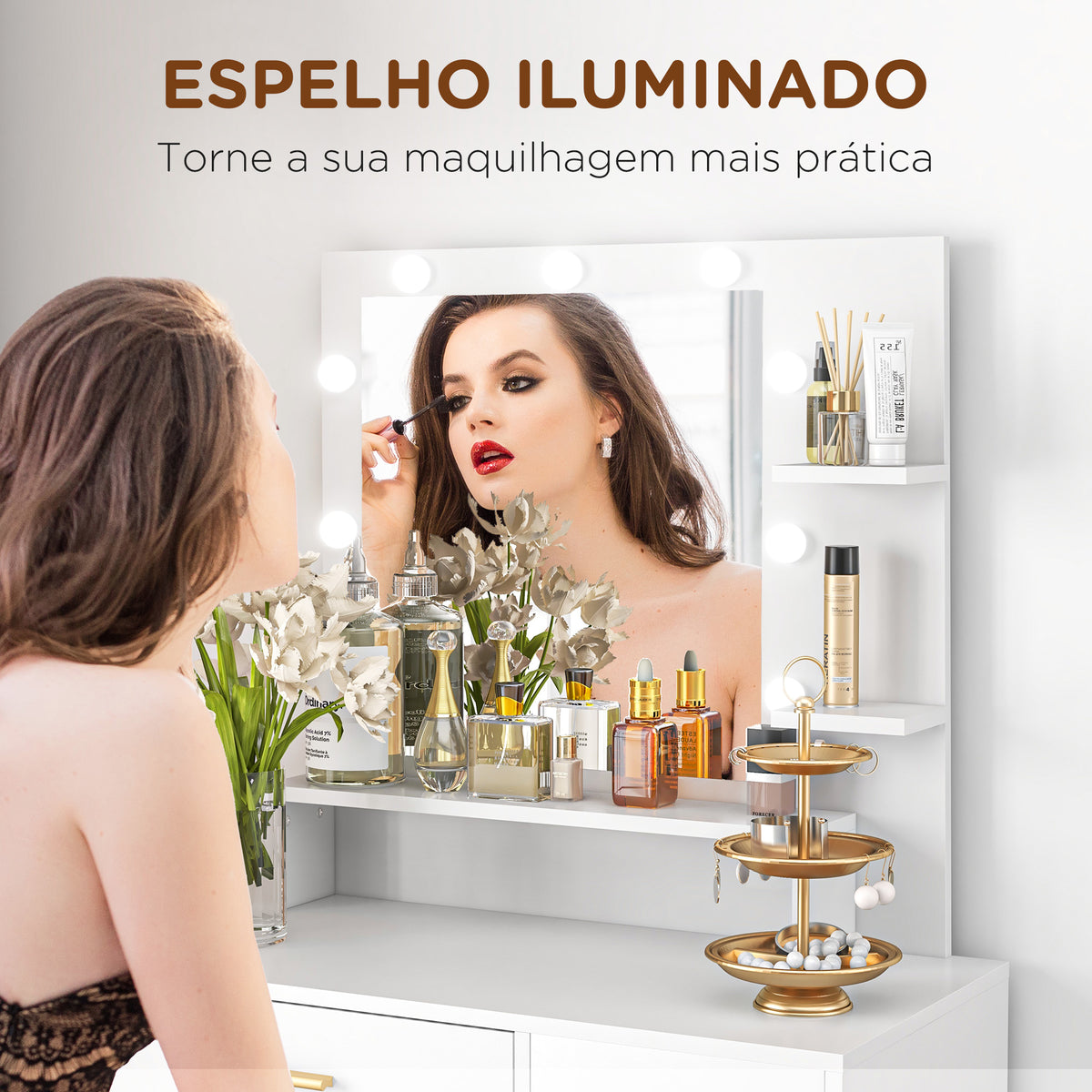Toucador de Maquilhagem com Banco Mesa de Maquilhagem com Espelho LED Gavetas Prateleira Ajustável e Prateleiras Abertas para Dormitório Sala de Estar Branco — foto 4