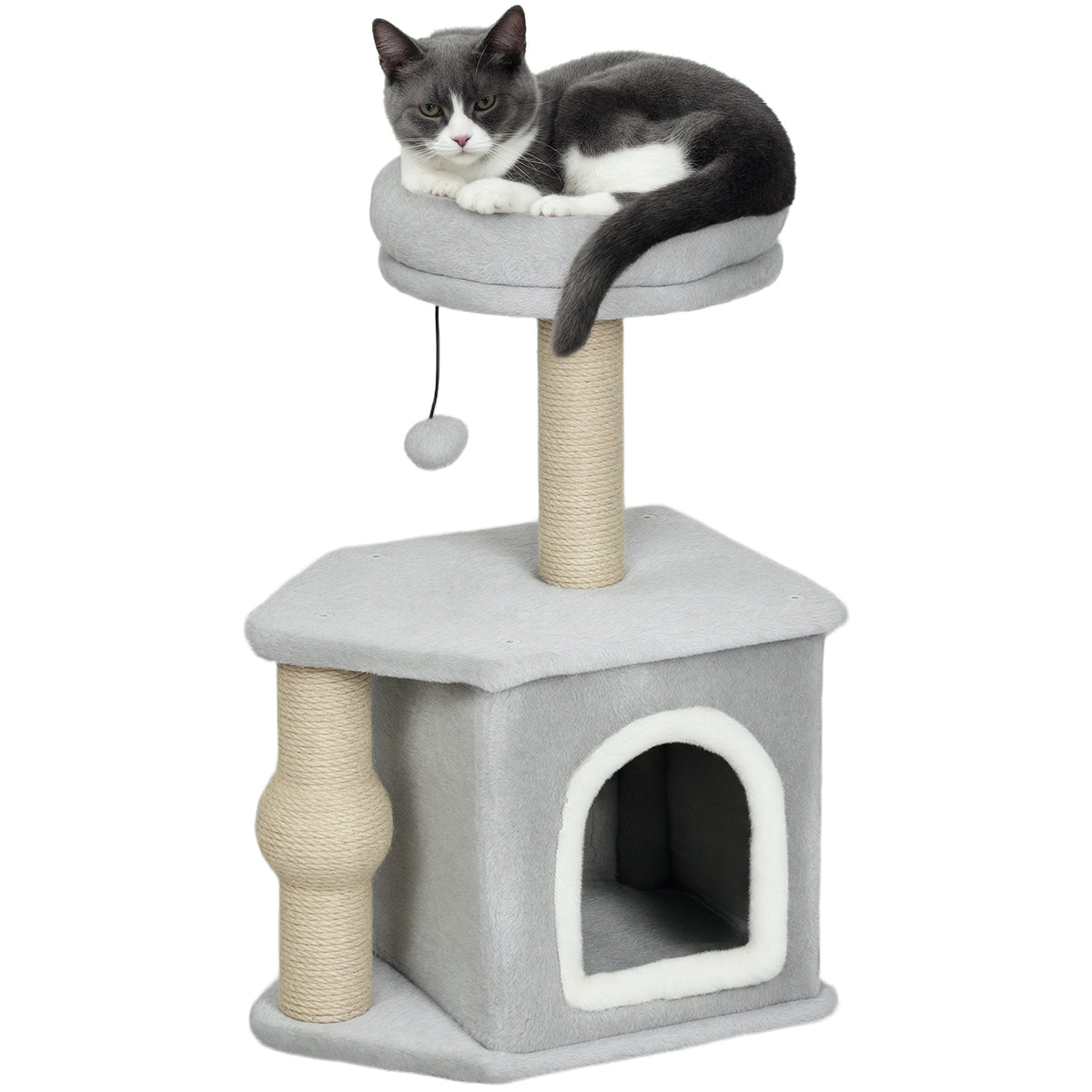 Arranhador para Gatos Altura 66 cm Arranhador para Gatos com Cama Caverna Plataforma Bola Suspensa e Poste de Juta 42x30x66 cm Cinza — foto 1