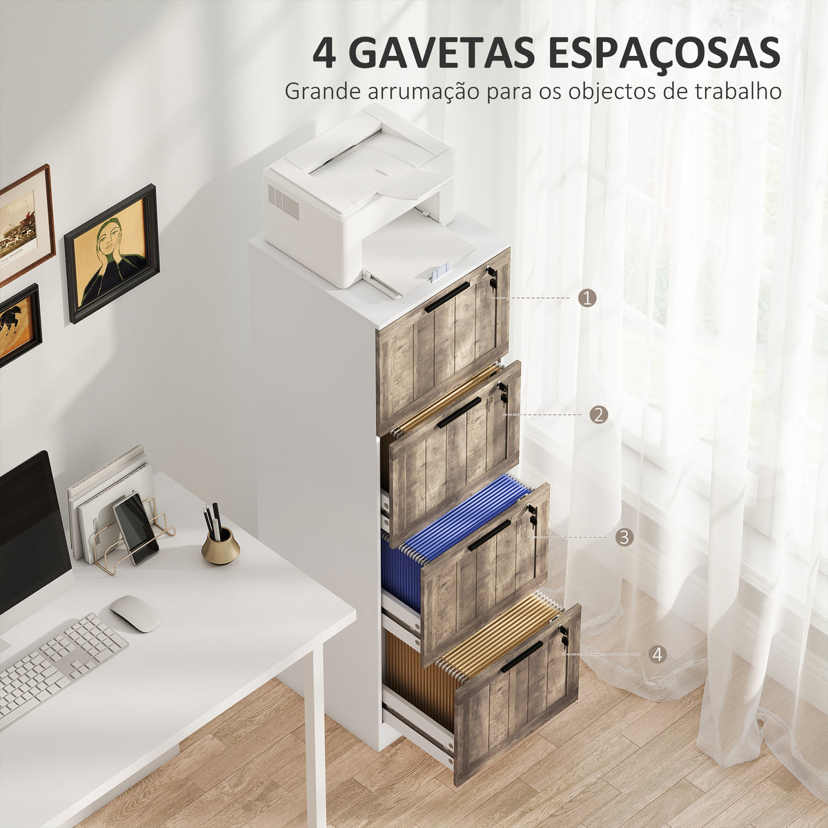 Bloco de Gavetas de Escritório com 4 Gavetas Bloco de Gavetas para Secretária com Fecho e 2 Chaves Barras para Pendurar A4 Carta Arquivador Móvel para Estudo 39,4x40x129 cm Branco e Madeira — foto 4