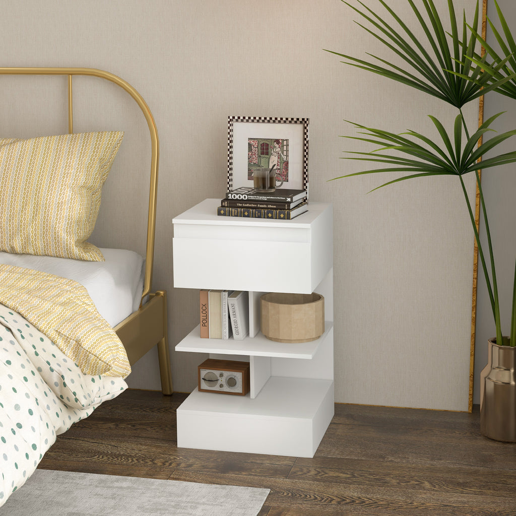 Mesa de Cabeceira Mesa Auxiliar com 1 Gaveta e 2 Prateleiras Abertas para Quarto Sala Cama Escritório Estilo Moderno 39x39x65 cm Branco — foto 2