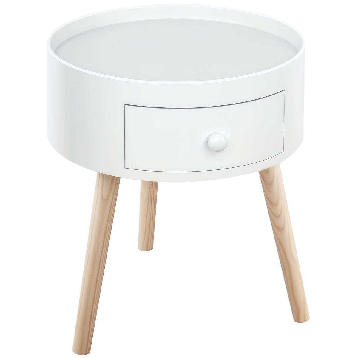 Mesa de Cabeceira com 1 Gaveta Mesa Auxiliar Redonda com Borda Elevada e 3 Pés de Madeira para Dormitório Sala de Estar Estilo Moderno Ø38x45 cm Branco — foto 1